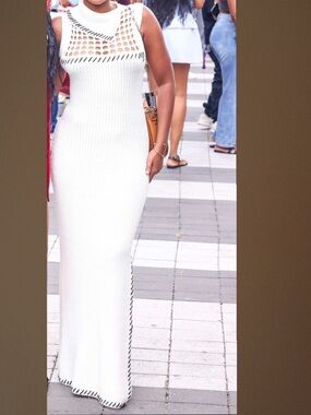 STAUD White Ribbed Knit Maxi Dress with Black Contrast Stitch